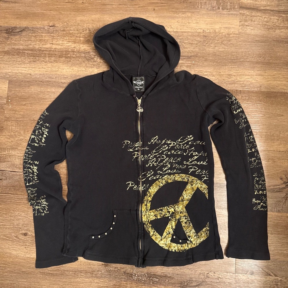 Vintage Y2K Sledge USA Peace Graphic Thermal Zip Up Hoodie Black Gold XL